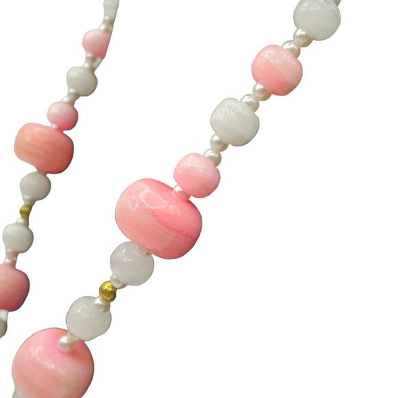 Pink & White Banded Quartz Necklace Chunky Crystal Stone Beaded Choker 20" Vtg - Picture 4 of 6